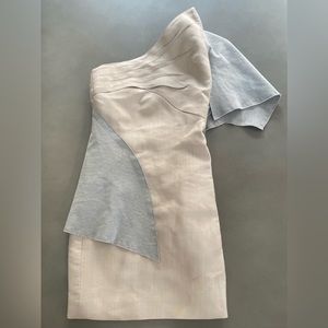 Zac Posen One Shoulder Dress Beige Grey Colorblock Size 0